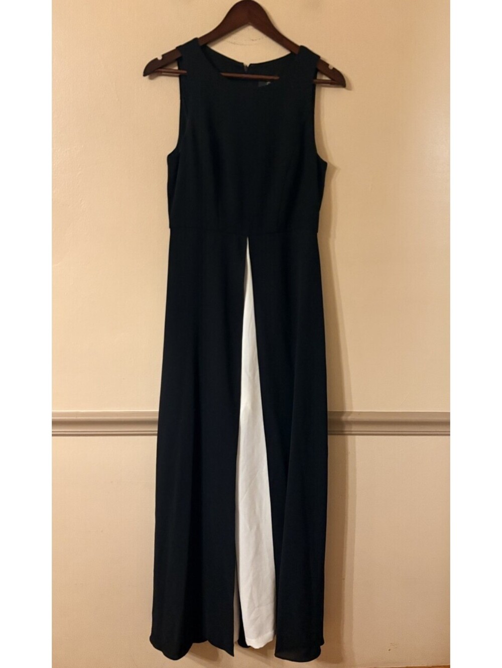 ADRIANNA PAPELL Crepe Overlay Formal One Piece Jumpsuit Size 6 Black/Ivory $179 - Picture 5 of 10